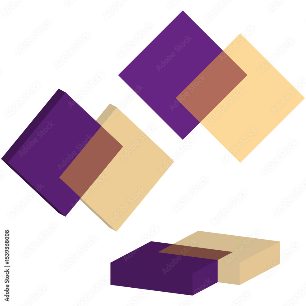 Poster isometric block shapes. purple and beige elements. 3d abstract structure. vector stacked design.
