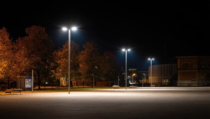 Empty city square at night, illuminated by streetlights. Trees with autumn foliage