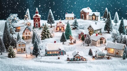 Fototapeta premium Enchanted Snowy Village: A miniature winter wonderland with charming houses, twinkling lights, and a gentle snowfall.