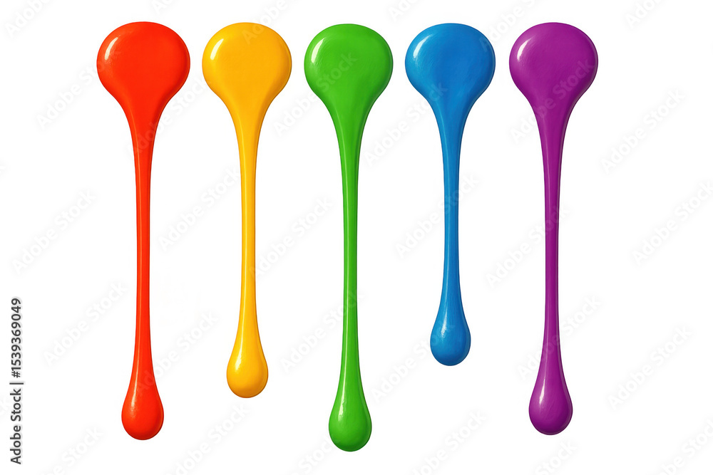 Poster five colorful paint drops dripping down on a transparent background, creating a vibrant and dynamic 