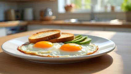 Sunny side up eggs with toast and avocado slices for breakfast