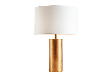 Elegant desk lamp with a tall cylindrical, golden base and a wide white lampshade isolated on a transparent background