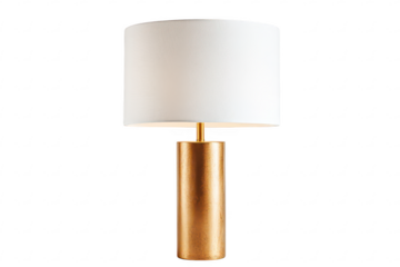 Elegant desk lamp with a tall cylindrical, golden base and a wide white lampshade isolated on a transparent background