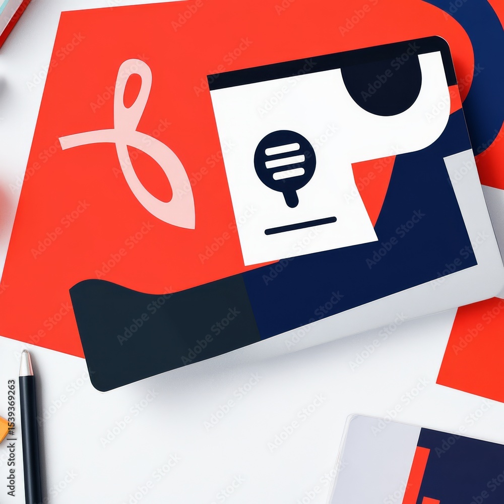 Poster abstract graphic design featuring bold shapes and symbols on a red background with overlapping eleme