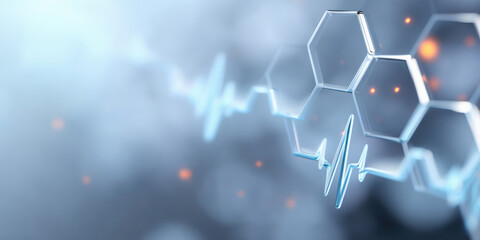 Fototapeta premium Abstract digital design featuring hexagonal shapes and heartbeat lines representing healthcare and futuristic medical technology.