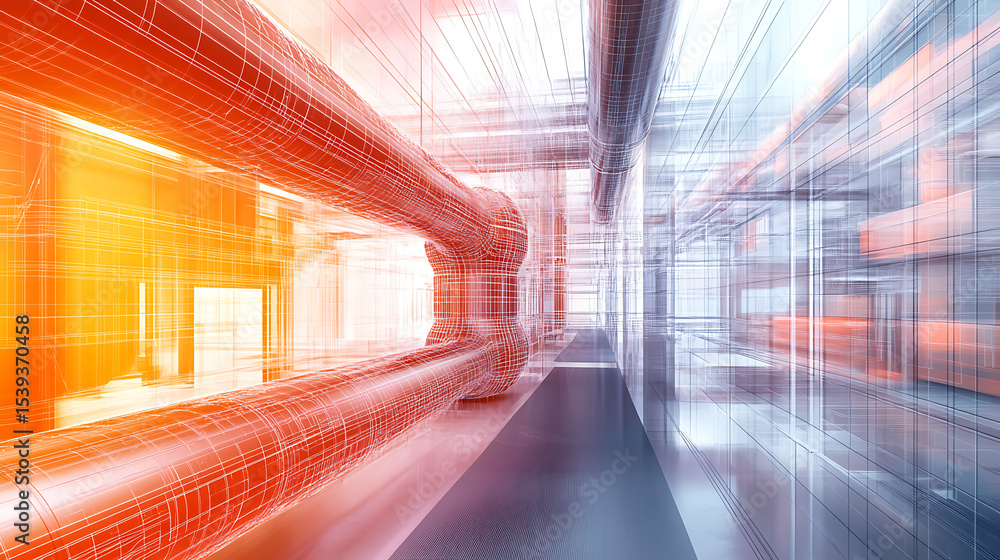 Poster a computer generated image of a pipe with a red and orange glow. the image is abstract and futuristi