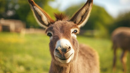 Obraz premium Charming close-up of a domestic donkey on a sunny green pasture day