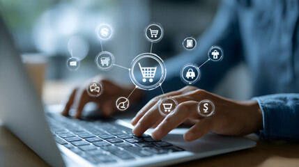 Person Typing On A Laptop Computer with Online Shopping Icons Overlay In Soft Focus