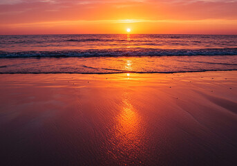 Fototapeta premium Sunset Beach Sand Pattern, Vibrant Orange and Pink Hues at the Ocean Shore