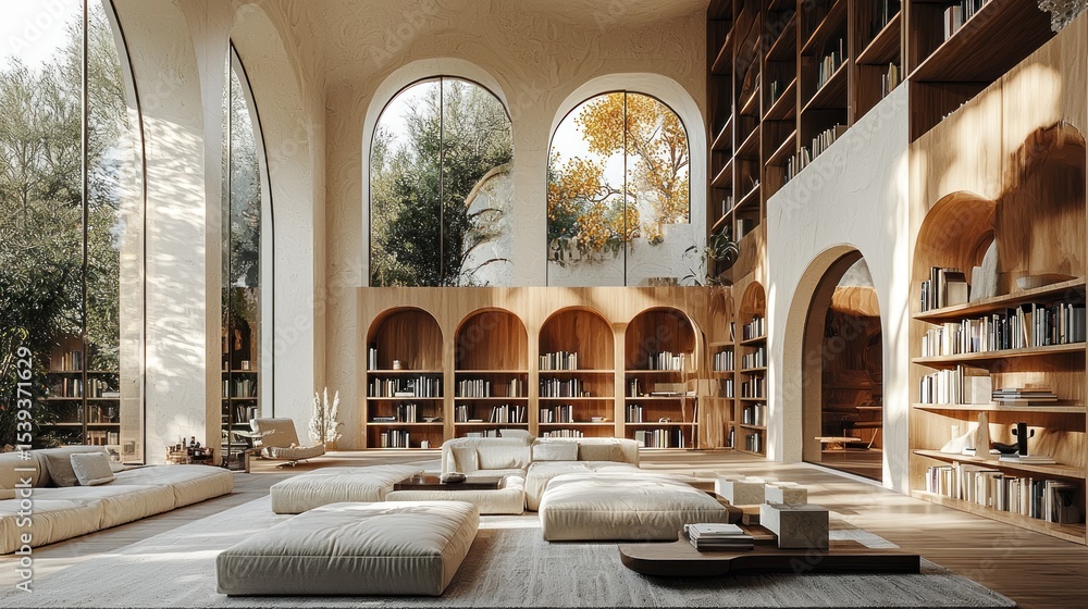 Poster spacious, sunlit library with arched windows and built-in shelving. a relaxing, modern design with c
