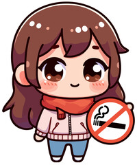 No Smoking Campaign Mascot: An adorable chibi-style girl in winter attire holds a 