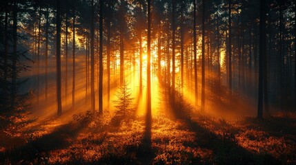 Obraz premium Golden sunlight beams through a misty forest at sunset