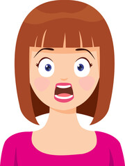 Shocked Woman: A young woman with short brown hair looks shocked and surprised, her mouth wide open in amazement.  Her eyes are wide, and her expression is one of disbelief.