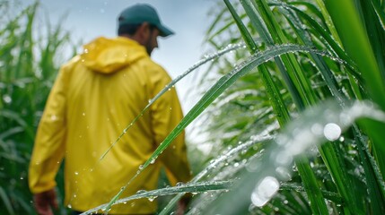 Farmer in Raincoat Walking Through Lush Green Sugarcane Field