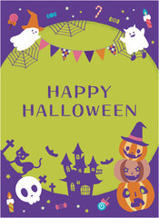 Fototapeta premium ハロウィンパーティー ジャックオランタンとオバケの背景素材 文字入り 縦長