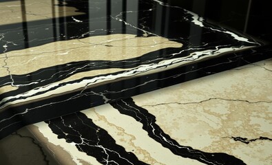 A symphony of black marble where Portoro's polished elegance met the rustic warmth of travertino Natural granite veins danced across the floor adding depth and character while marbled details hinted a
