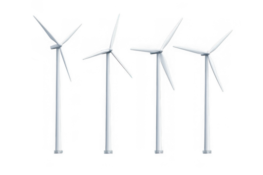 Collection set of white wind turbines isolated on transparent background