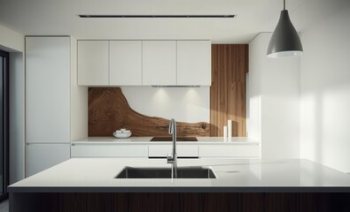 A minimalist modern kitchen where sleek white surfaces meet the warmth of natural textures A tree trunk section is artistically integrated into the wall behind the countertop adding a rustic touch to 