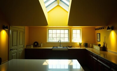 A sun-drenched kitchen its walls painted a vibrant shade of bright yellow soared towards a skylight that bathed the space in an ethereal glow A large central island adorned with spotlights that cast a