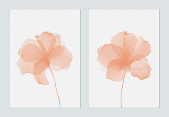 Floral wall art set, soft and translucent hibiscus flowers in shades of peach on a solid white background, creating a gentle and airy feel