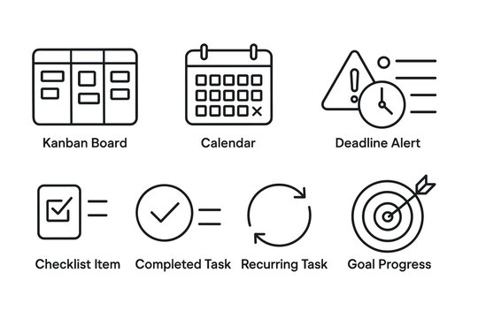 Productivity tools: kanban board, calendar, deadline alerts, checklists, progress tracking