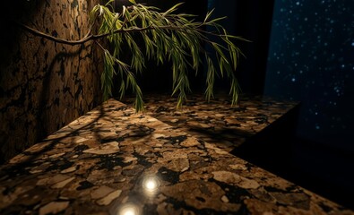 A rustic star-studded granite countertop etched with the intricate patterns of the night sky cradled a weeping willow branch its branches reaching towards the ethereal glow a symphony of nature and st