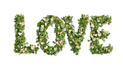 Floral Love: The word "LOVE" is formed from lush green leaves and delicate white blossoms, embodying purity of affection, natural beauty, and a timeless romantic sentiment.