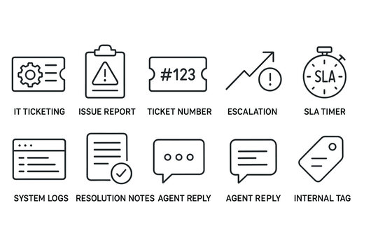 It support workflow icons: ticketing, issue report, sla timer, and escalation symbols