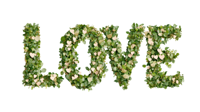 Floral Love: The word "LOVE" is formed from lush green leaves and delicate white blossoms, embodying purity of affection, natural beauty, and a timeless romantic sentiment.