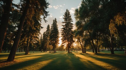 Obraz premium Lively Outdoor Park Scene During Golden Hour with Tall Trees