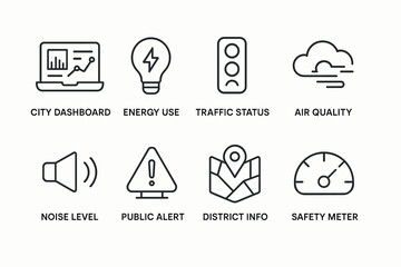 Smart city dashboard icons: energy, traffic, air quality, alerts, safety indicators