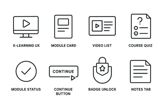 E-learning user interface icons for course modules and quizzes