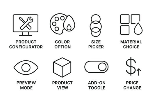 Product customization options icons: configurator, color, size, material, preview, view, add-on, price