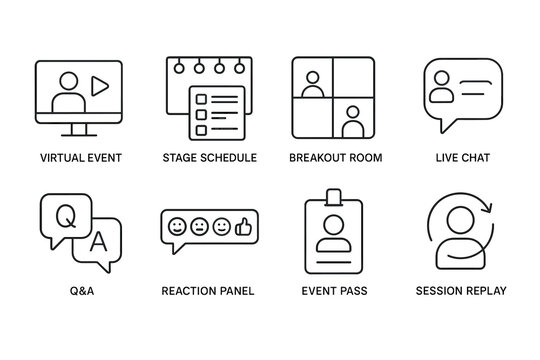 Virtual event icons: live chat, stage schedule, breakout room, session replay