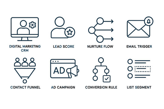 Digital marketing icons set: crm, lead score, email trigger, ad campaign, list segment