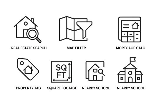 Real estate icons set featuring search, map, mortgage, property, and school elements