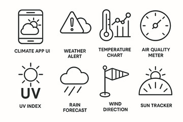 Weather icons set featuring climate app ui, temperature chart, air quality meter, and more