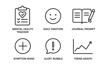 Mental health icons set: emotion tracker, journal, symptom mark, alert bubble, trend graph