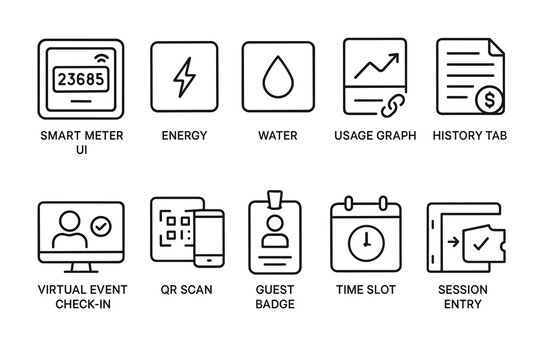 Essential smart meter and event management icons: energy, water, graphs, qr scans, and more