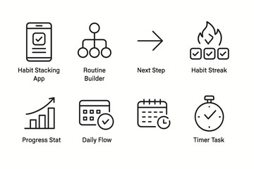 Icons for habit tracking app: routine, progress, streaks, daily flow, timing
