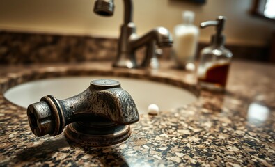 A close-up reveals an aged rusted water faucet nestled on a speckled granite countertop Its once gleaming surface is now dulled with time and neglect hinting at a past life of constant use Blurred in 