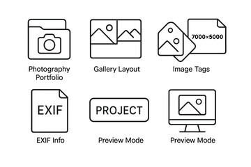 Photography portfolio icons: gallery, exif, preview, tags, and layout