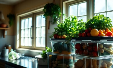 A culinary haven unfolds in a sunlit kitchen its windows framing a vibrant display of fresh ingredients: vibrant herbs and plump vegetables nestled within airtight storage containers ready to be trans