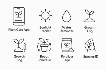 Plant care app icons: sunlight tracker, water reminder, growth log, repot schedule, fertilizer tips, species id