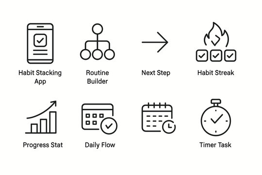 Icons for habit tracking app: routine, progress, streaks, daily flow, timing
