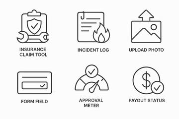 Insurance claim tool icons: incident log, upload, form, approval, payout status