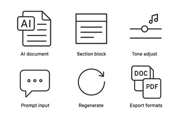 Ai document icons: section block, tone adjust, prompt input, regenerate, export formats