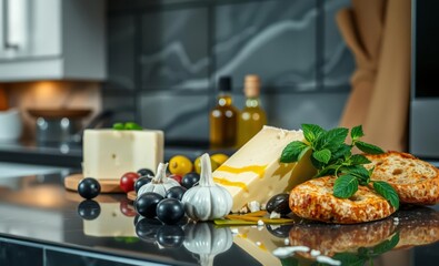A culinary canvas of vibrant flavors: cheese basil garlic olives olive oil and bread harmoniously arranged on a sleek glossy kitchen backsplash evoking the essence of Mediterranean cuisine in a visual