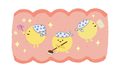 手描きの腸内で元気にお掃除する善玉菌のキャラクター