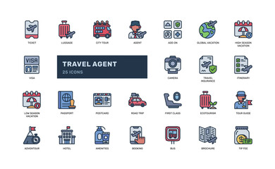Travel Agent Icon Set with Vacation Planning and Tourism Elements